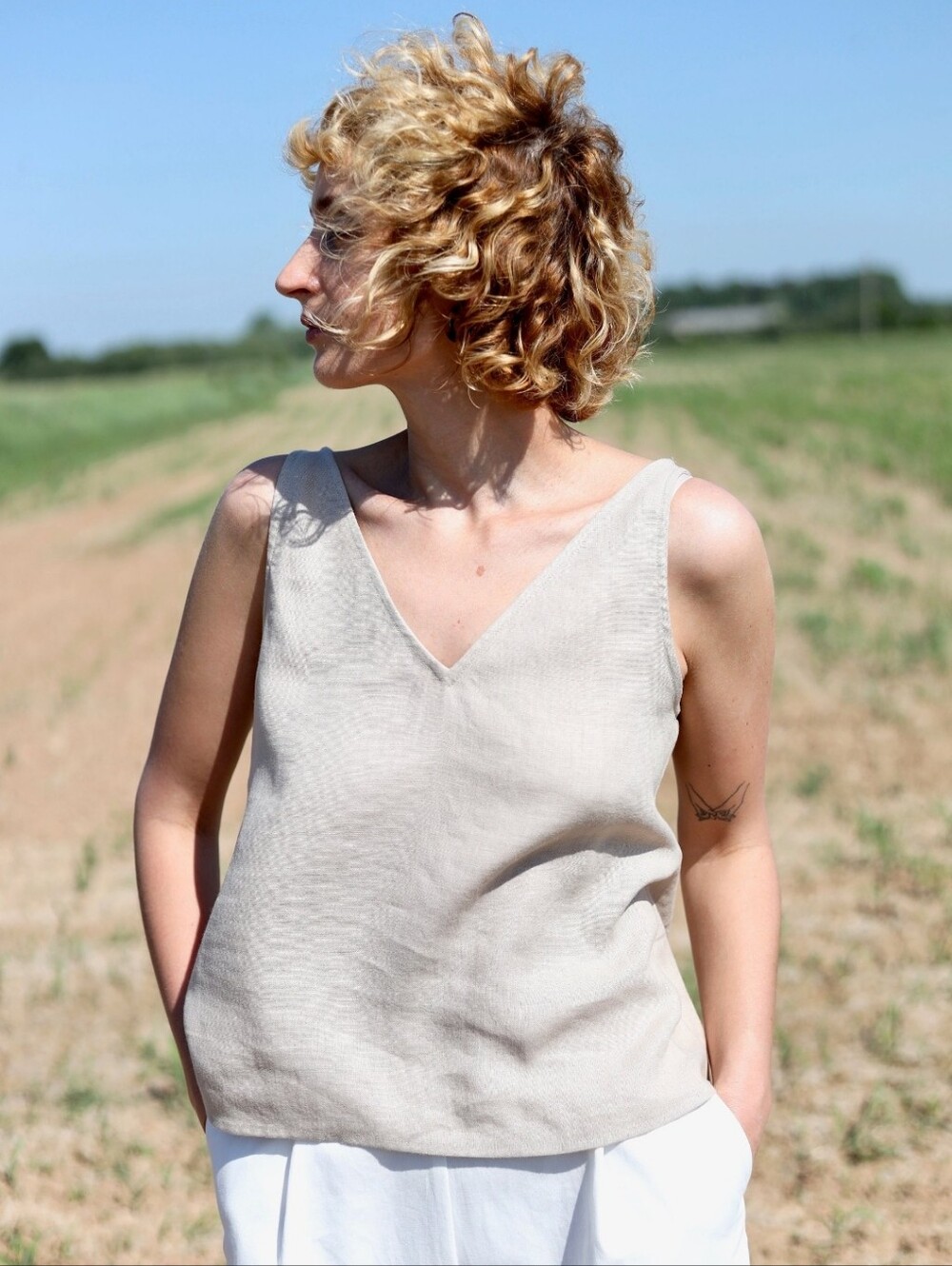 OFFON Clothing Linen Sleeveless V-Neck Top, Salmon, XL, EUC